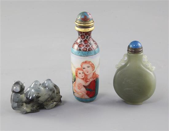 A Chinese celadon jade snuff bottle, an agate model of a camel and an enamelled glass snuff bottle, 7.6cm (measurements exclude stopper
